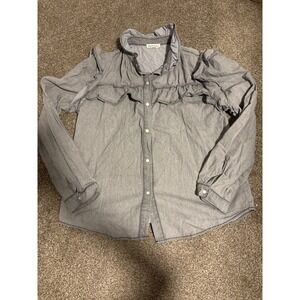 Anna-Kaci Ruffle Denim Shirt Womens XL Gray Excellent Victorian Boho Snap Front